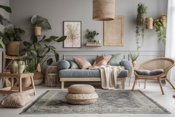 Contemporary boho home design with gray couch, rattan armchair, wooden cube, plaid, cushion, flowers in vase, vintage footrest, and stylish accessories. Interior design. Template. Generative AI