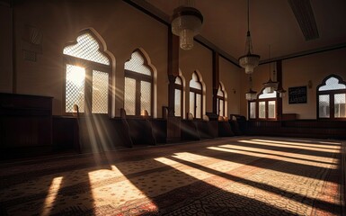 Beautiful Mosque Interior With shining sun through in Generative AI