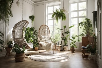 White and green Boho farmhouse living room with lace hanging chair and potted plants. Parquet and wooden shutters. Boho interior design,. Generative AI