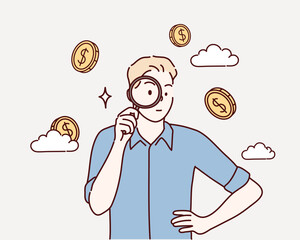 A man observing a huge coin with a magnifying glass. Financial study, observation concept. Hand drawn style vector design illustrations.