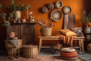 Ethnic living room with wicker baskets, wooden seat, couch, and attractive personal decorations. Cozy flat. Template. Generative AI