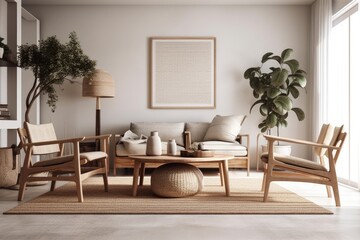 Basic living room design, farmhouse wooden furniture, light beige interior backdrop,. Generative AI