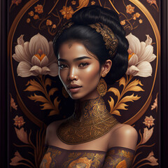 indonesia, indonesian beauty, beautiful, mesmerizing, flawless, exotic, portrait, lady, woman, ornaments, batak, toraja, balinese, ethnic, tribe, ai generative