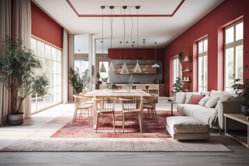 Contemporary white and red dining and living room. Table, seats, and carpet. Farmhouse decor,. Generative AI