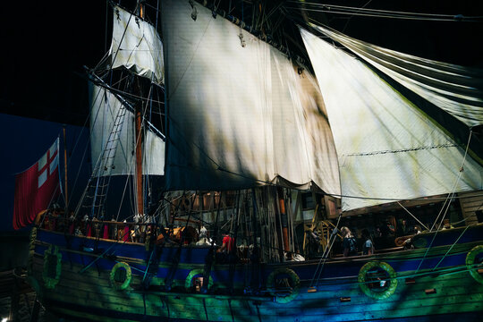 Winnipeg, Manitoba Canada - October 2022: A lifesize model of the ship called Nonsuch that sailed into Hudson Bay