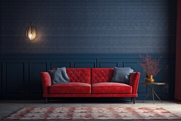 Living room mock up with red couch, wooden table, and rattan home furniture with dark blue backdrop, panoramic,. Generative AI