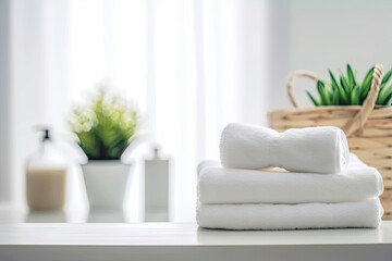 Obraz na płótnie Canvas Table Top And Background Bathroom Blur - White towels on white table with copy space on blurred bathroom background. For product display montage - Generative AI 