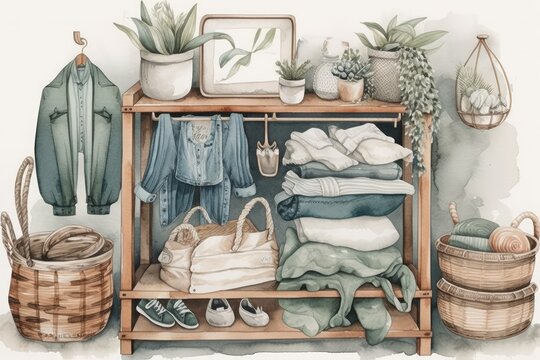 Boho watercolor nursery. Hand painted bag, boy clothes, and eucalyptus on white backdrop. Vintage baby shower drawing. Generative AI