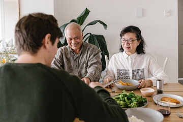 Family eating around a dining table