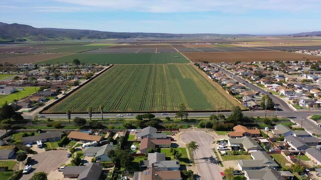 2023 - Excellent aerial footage of farmland surrounded by housing in Lompoc, California.