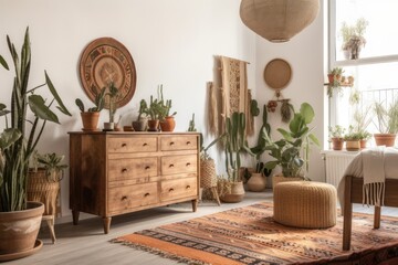 Vertical shot of pleasant room with wooden dresser, ethnic rug, and cactus plants in baskets against white wall. Generative AI