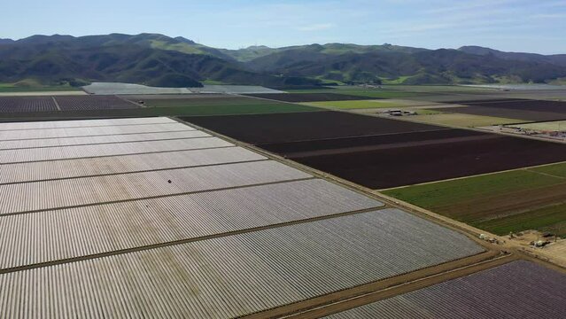 2023 - Excellent aerial footage of crop fields, some covered and others not, on farmland in Lompoc, California.