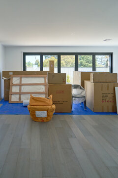 Brand new home with furniture in boxes yet to be assembled