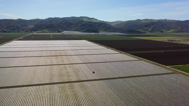 2023 - Excellent aerial footage of a tractor driving towards covered crop fields in Lompoc, California.