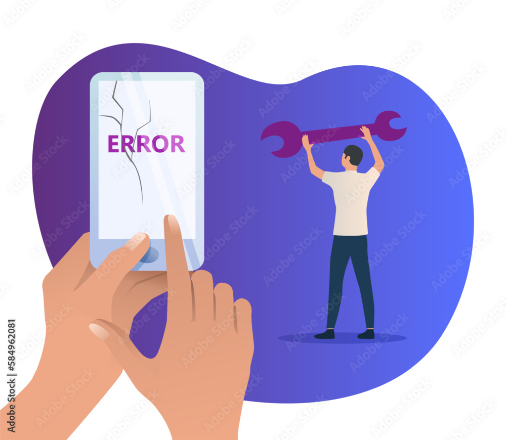 Poster website maintenance vector illustration. male worker with wrench fixing bugs in software. hand holdi