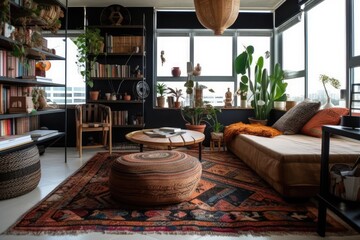 Fototapeta premium Eclectic decorations on black bookshelf next to rattan coffee table in modern room with windows behind white curtain and colorful carpet. Generative AI