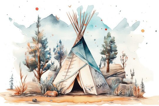 Hand drawn watercolor indigenous teepee, solitary white campground tent. Bohemian American wigwam. Bohemian teepee with arrows and feathers. Generative AI