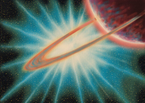 Planet With Ring And Light Rays