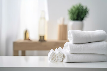 Obraz na płótnie Canvas Table Top And Background Bathroom Blur. - Stack of white towels on white table with copy space on blurred bathroom background. For product display montage - Generative AI