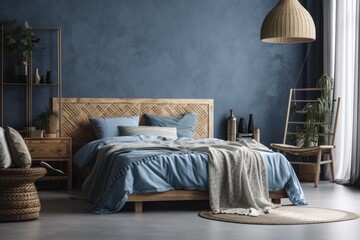 Scandinavian bedroom, blue background, empty wall mockup,. Generative AI