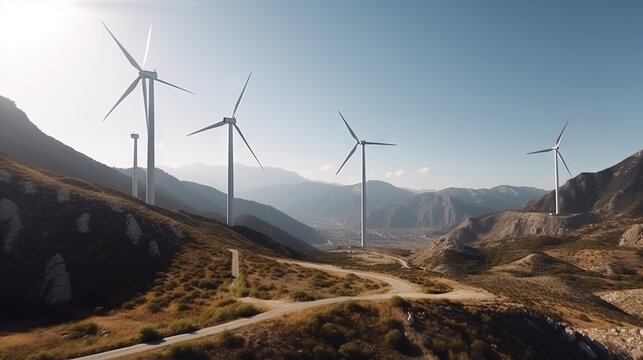 Power generating Windmills in Mountains. Green energy. Generative AI