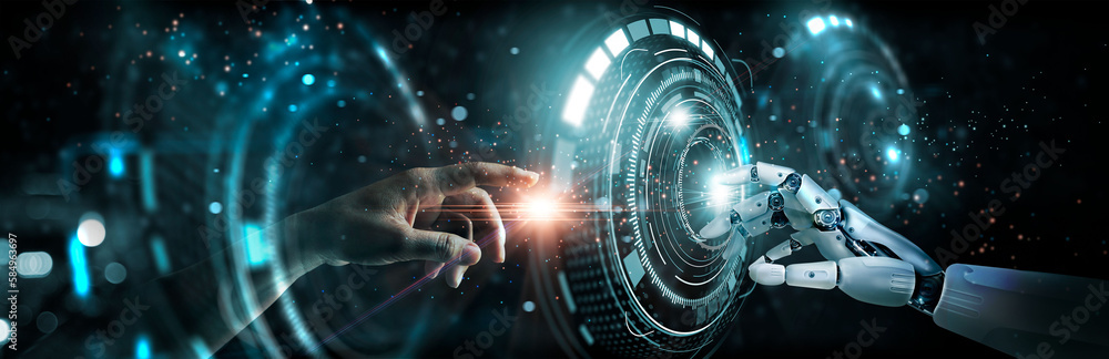 Leinwandbilder AI. Artificial intelligence. Robot hand touching human. The connection for the technological transition and innovation between analog and digital. Network and data exchange,  Machine deep learning.
