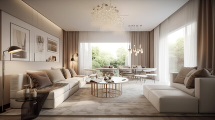  Beautiful Living Room in New Modern Luxury Home, designer furniture, stylish comfortable sofa, 3D rendering, generative AI tools.
