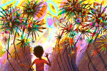 magic garden with fantastic birds and boy
