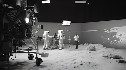 staging fake moon landing in film studio on black and white film, made with generative ai - obrazy, fototapety, plakaty