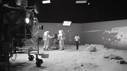 Fotobehang staging fake moon landing in film studio on black and white film, made with generative ai © Ricky