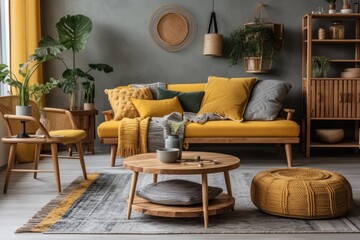 Boho living room with gray couch, wooden coffee table, commode, and lovely accessories. Honey yellow cushion and plaid. Cozy flat. Décor. Generative AI