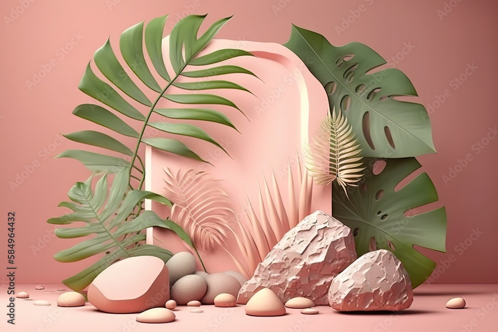 Poster template displaying a natural notion, with a palm leaf and a rock, set against a pink abstract backd
