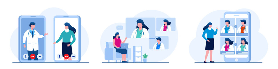 Online medical consultation and support. Online doctor. Healthcare services, Ask a doctor. Family doctor, gynecologist with stethoscope on the laptop screen. Flat vector illustration