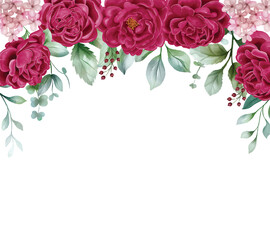 Peonies Maroon floral frame wedding invitation. flower frame with peonies, leaves and berries Isolated on white background For design, card, print and invitations
