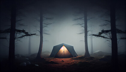 Forest camping foggy nightfall mysterious wilderness adventure generated by AI