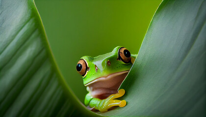 Red eyed tree frog hiding on green leaf generated by AI