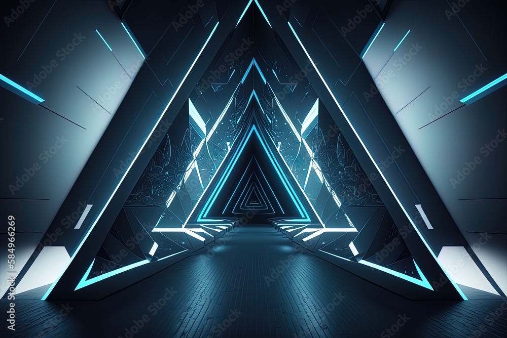 Poster new spacecraft with a triangular tube illustrations of the future with sci-fi blue laser lights gene