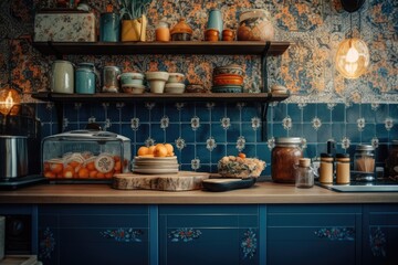 February 2, 2020, Eindhoven, Netherlands. City loft kitchen detail. Bohemian eccentric house with blue flowery wallpaper and bread boxes. Generative AI