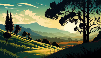 A tranquil summer sunset over a mountain silhouette generated by AI