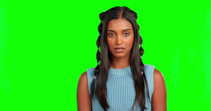 Annoyed, tired and eye roll with woman in green screen studio for disappointed, ignoring and judge. Moody, upset and frustrated with female isolated on background for funny face, whatever or attitude