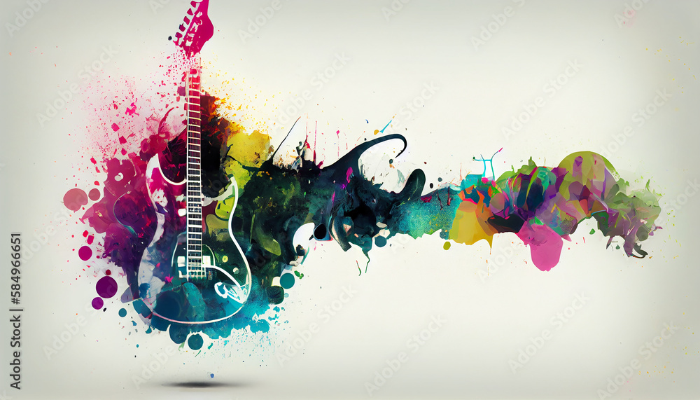 Poster abstract watercolor guitar exploding with colorful motion generated by ai