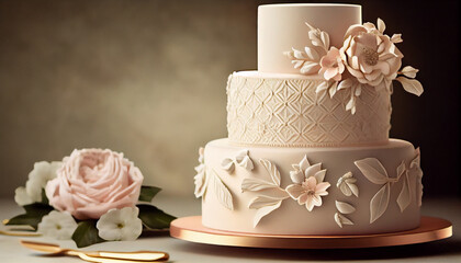 Obraz na płótnie Canvas Wedding cake flower bouquet pink elegance indulgent cream generated by AI