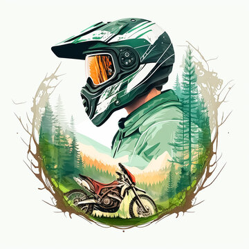 Close up photo of helmet and Enduro Bike Rider Motocross with mountain view, green forest, cartoon white background. Created with Generative AI technology.
