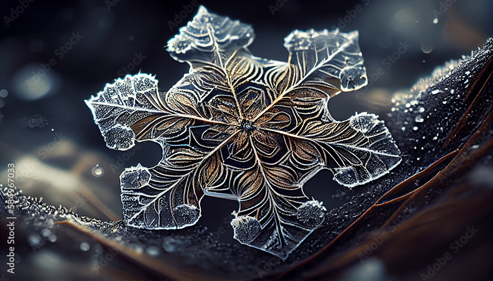 Poster macro snowflake on wet branch with yellow dew generated by ai