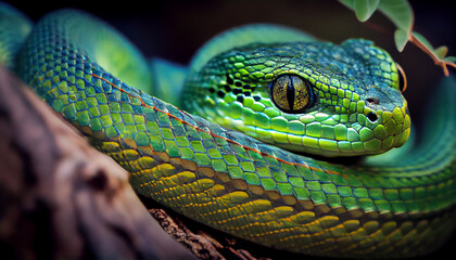 Fototapeta premium Green viper snake macro portrait in forest generated by AI