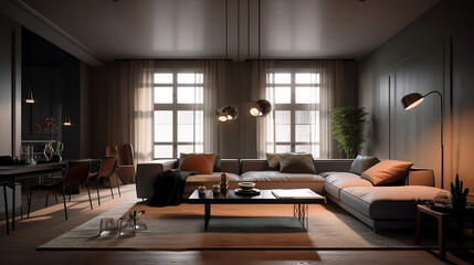 Obraz na płótnie Canvas The stylish interior of the living room with luxury furniture, 3d render, a Modern home, a concept floor plan, and generative AI tools.