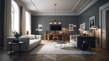 Fototapeta na wymiar The stylish interior of the living room with luxury furniture, 3d render, a Modern home, a concept floor plan, and generative AI tools.