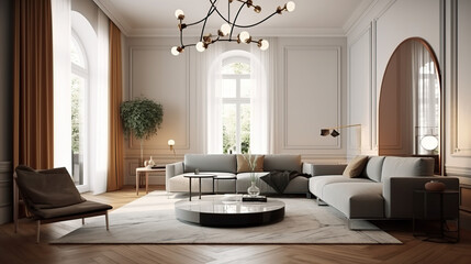 The stylish interior of the living room with luxury furniture, 3d render, a Modern home, a concept floor plan, and generative AI tools.