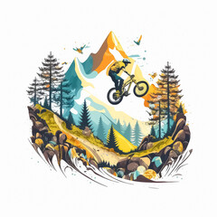Imagine mountain Bike downhill cartoon Extreme Sports in Nature white background. Created with Generative AI technology.