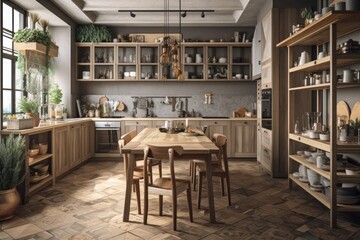 Fototapeta na wymiar Gray beige wood kitchen with island and chairs. Shelves, cabinets, and parquet. Farmhouse boho decor,. Generative AI